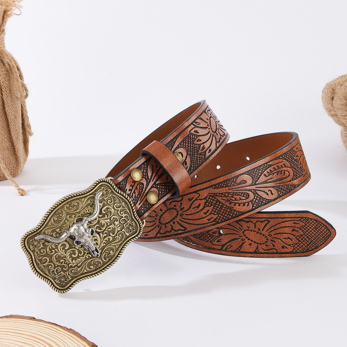 Western Cowboy Style Bull Head Carved Belt | Vintage Embossed Personalized Leather Belt