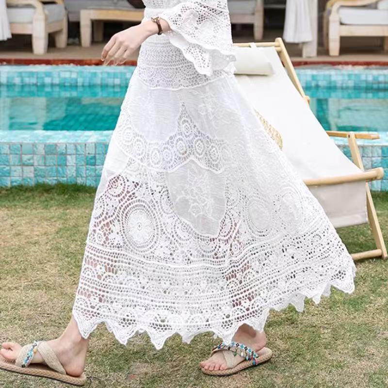 Boho Crochet Lace High Waist Flare Maxi Skirt | Ethnic Style Vacation Slimming A-Line Skirt