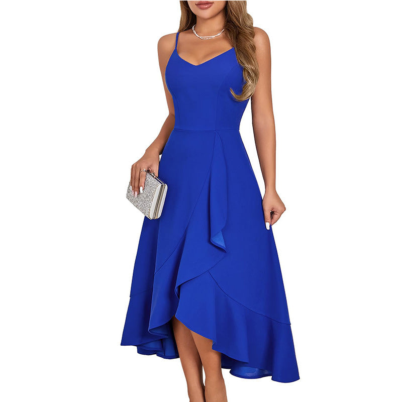 Bohemian Solid Color V-Neck Spaghetti Strap Asymmetrical Ruffle Midi Dress