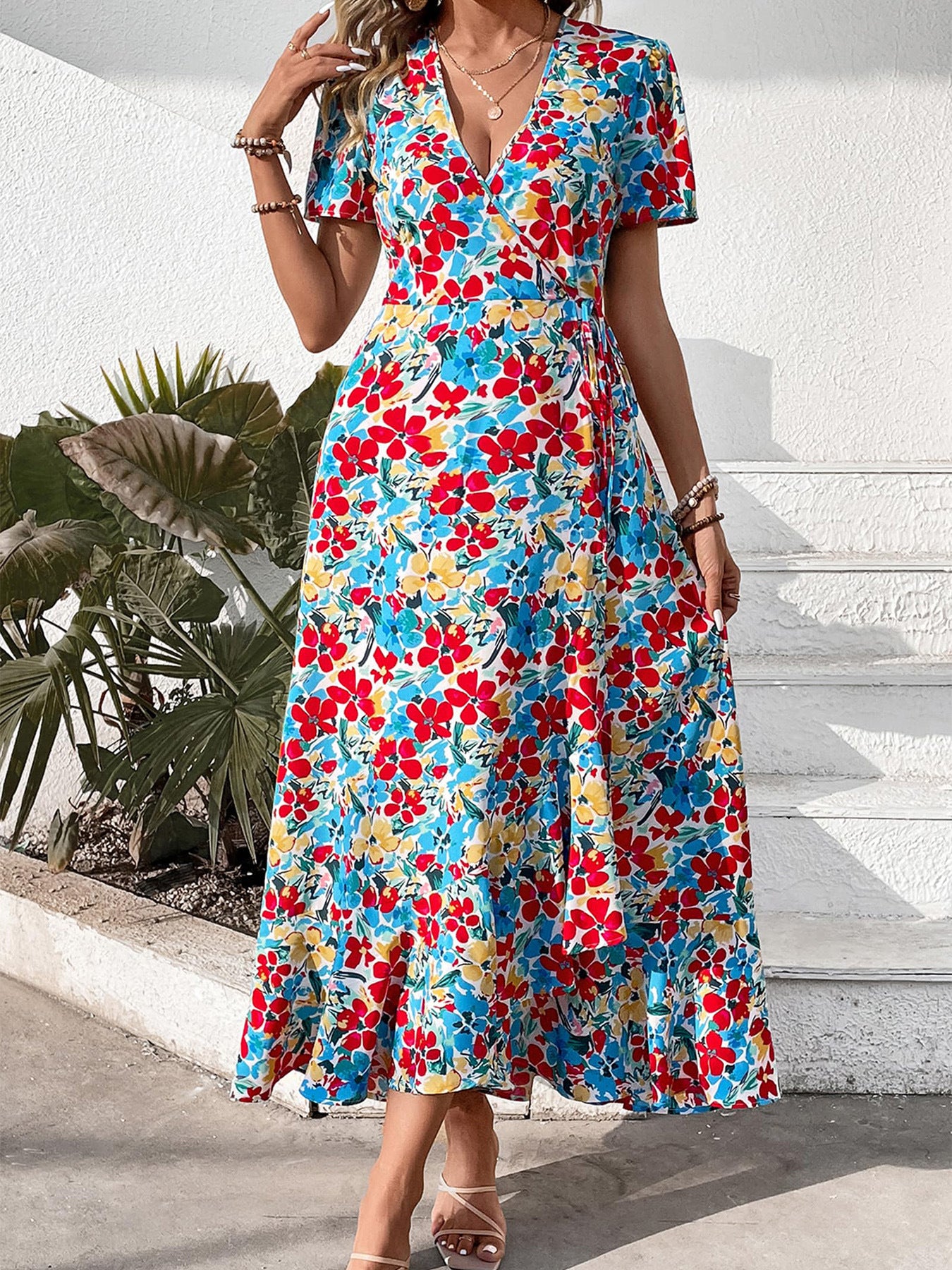 Colorful Floral V-Neck Wrap Tie Short Sleeve Midi Dress
