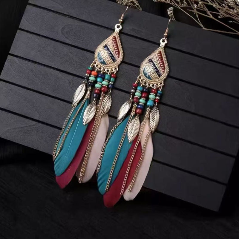 Boho Blue Feather Tassel Earrings | Ethnic Style Niche Design Jewelry