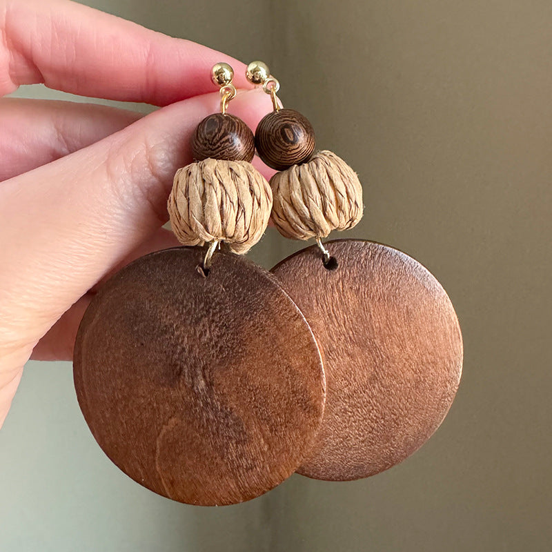 Boho Wood Woven Round Earrings | Vintage Ethnic Style Niche Design Jewelry