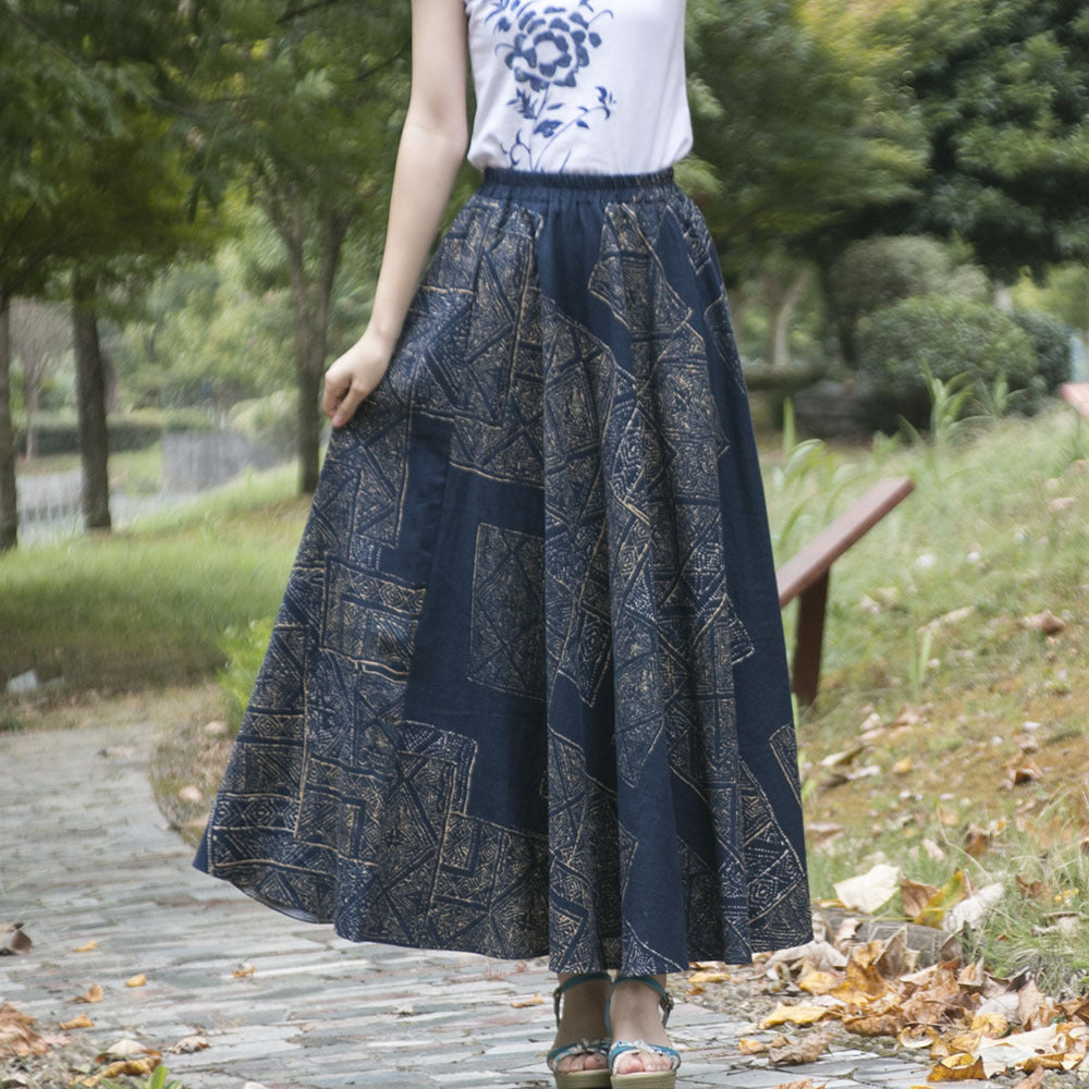 Cotton and linen printed maxi skirt | Retro ethnic style elastic waist midi skirt
