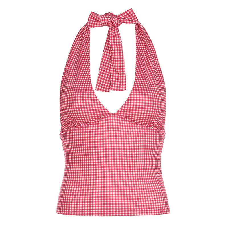 Bohemian Gingham/Heart Print Halter Deep V Form-Fitting Top