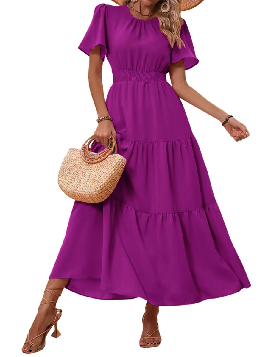Boho Round Neck Tiered Waist-Cinched Maxi Dress