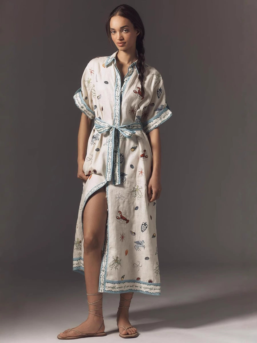 Vintage Ocean Print Belted Waist-Cinching Split Maxi Shirt Dress