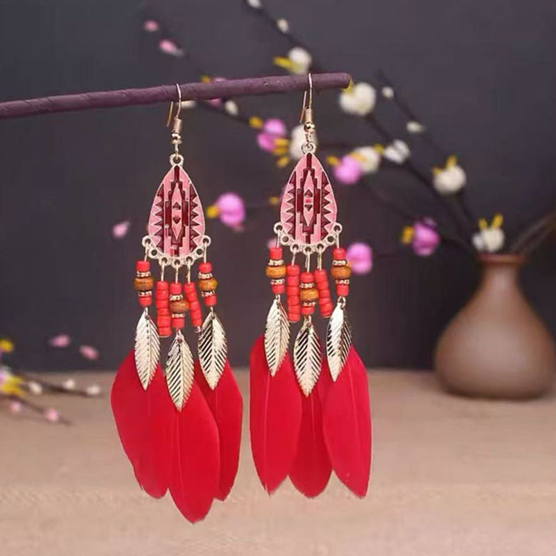 Boho Blue Feather Tassel Earrings | Ethnic Style Niche Design Jewelry