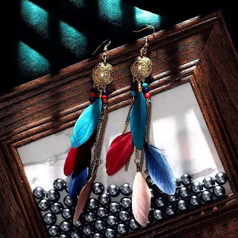 Boho Blue Feather Tassel Earrings | Ethnic Style Niche Design Jewelry
