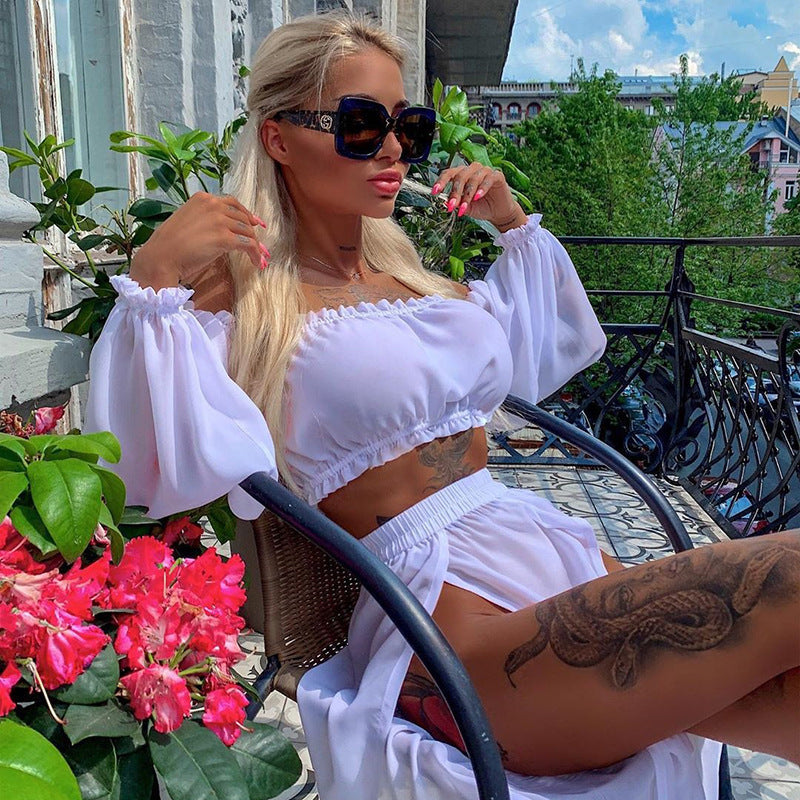 Boho Off-Shoulder Puff Sleeve Crop Top & High Slit Sheer Maxi Skirt Set