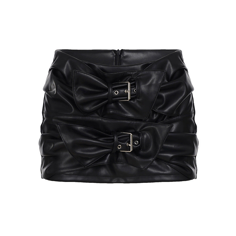 Y2K Style Metal Button/Studded/Belt/Bow Decorated PU Leather Mini Skirt Collection