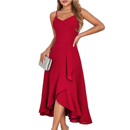 Bohemian Solid Color V-Neck Spaghetti Strap Asymmetrical Ruffle Midi Dress