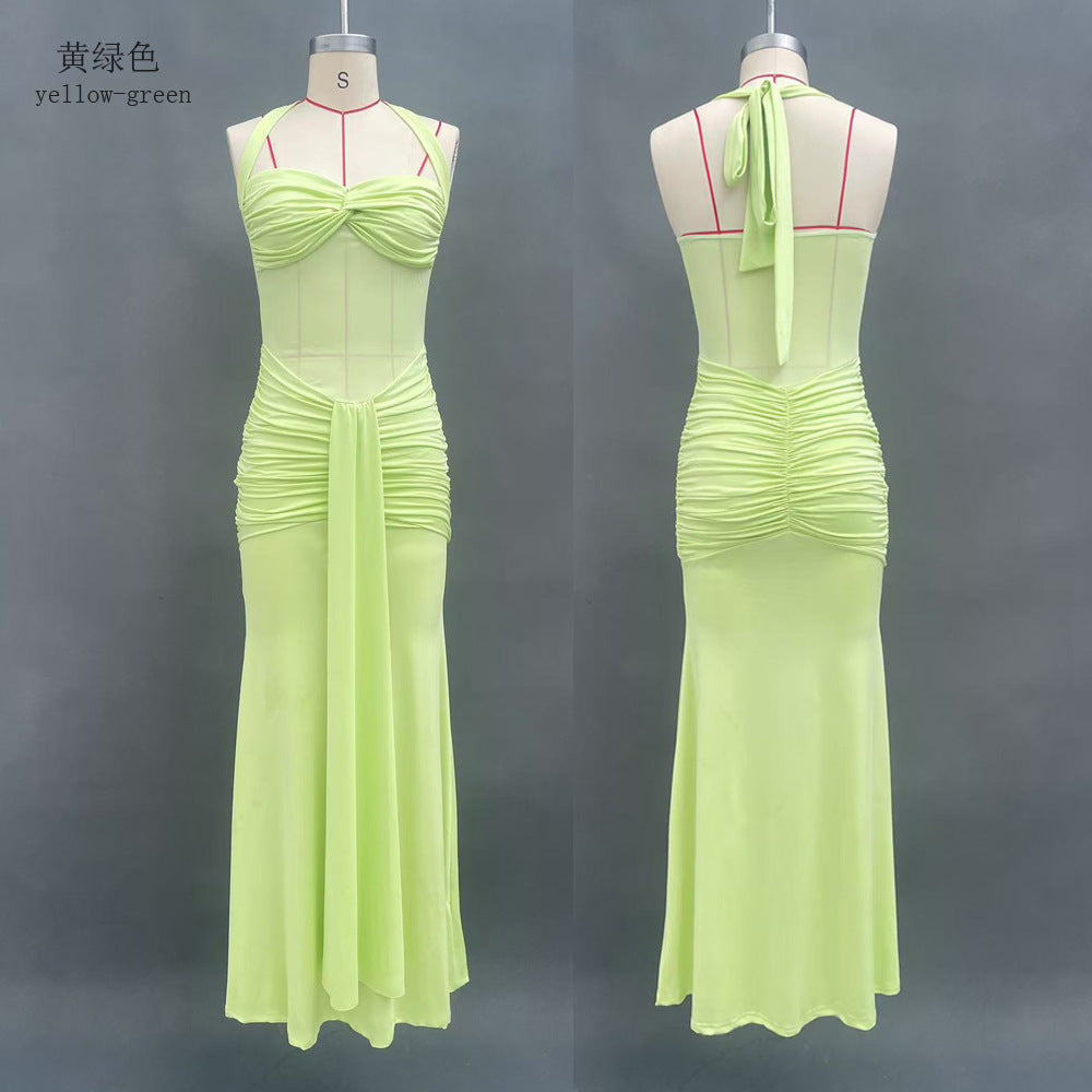 Halter Neck Mesh Panel Twist Waist Mermaid Maxi Dress | Luxury Sexy Evening Gown