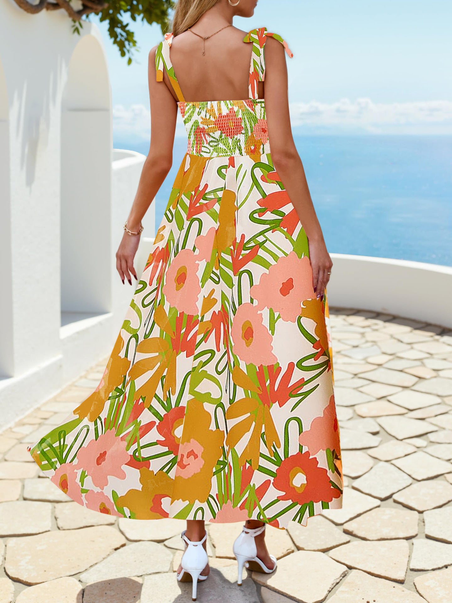 Multi-Color Boho Print Tie-Strap Cami Maxi Dress