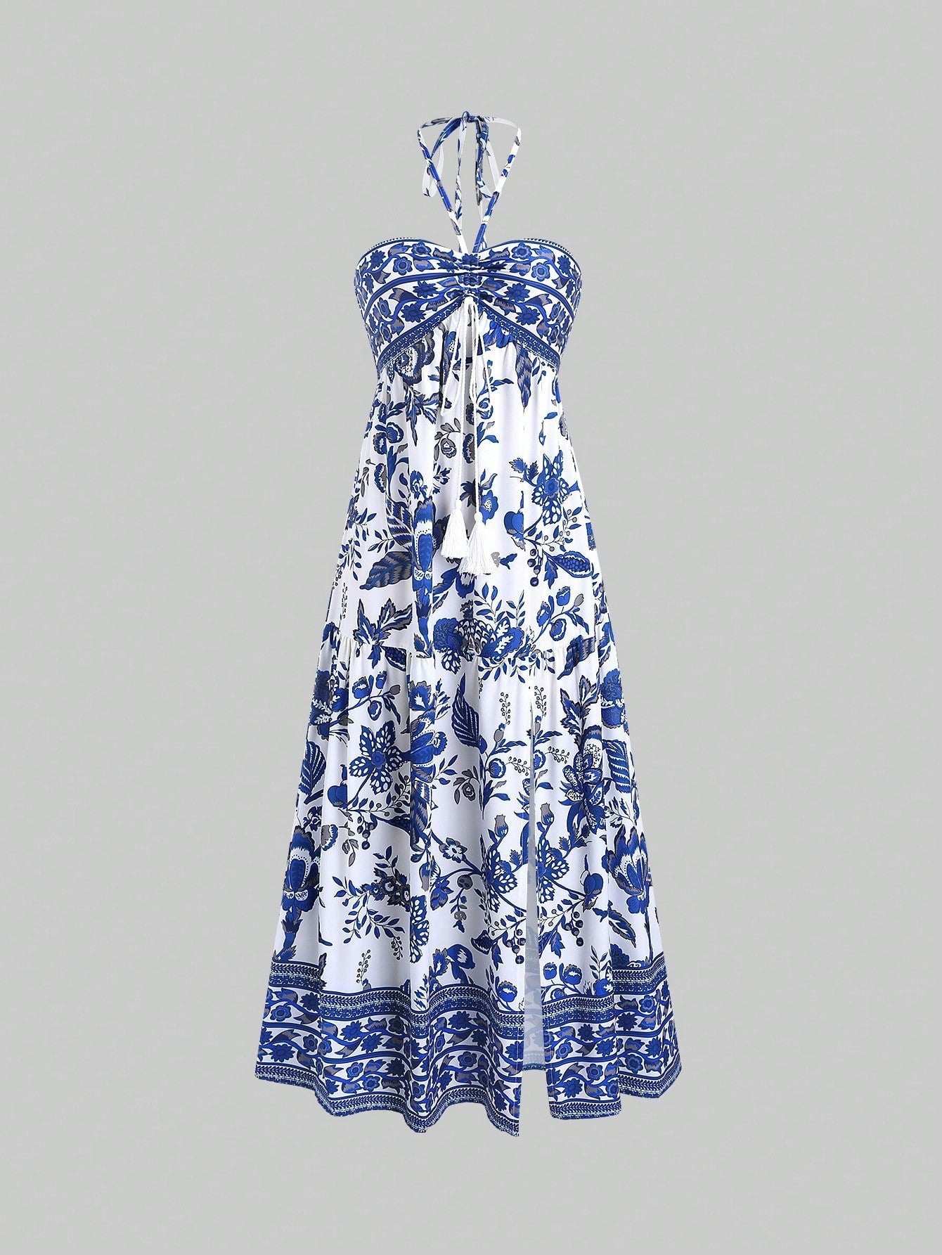 Boho Halter Printed High Slit Tiered Maxi Dress | Ethnic Style Vacation Beach Dress