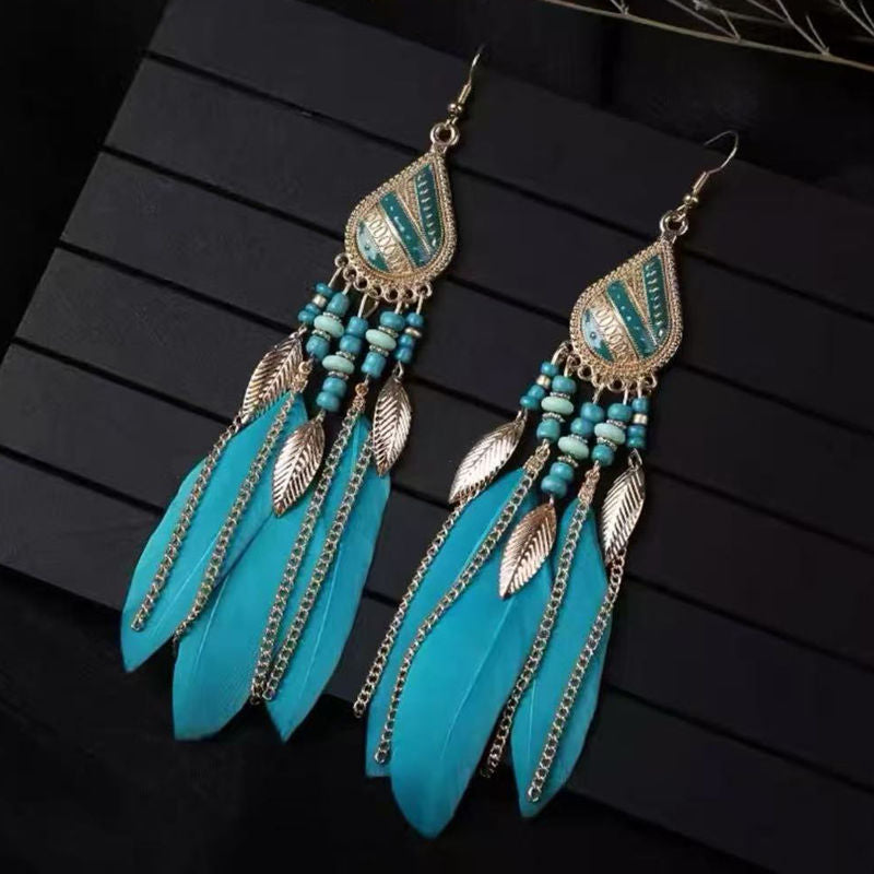 Boho Blue Feather Tassel Earrings | Ethnic Style Niche Design Jewelry