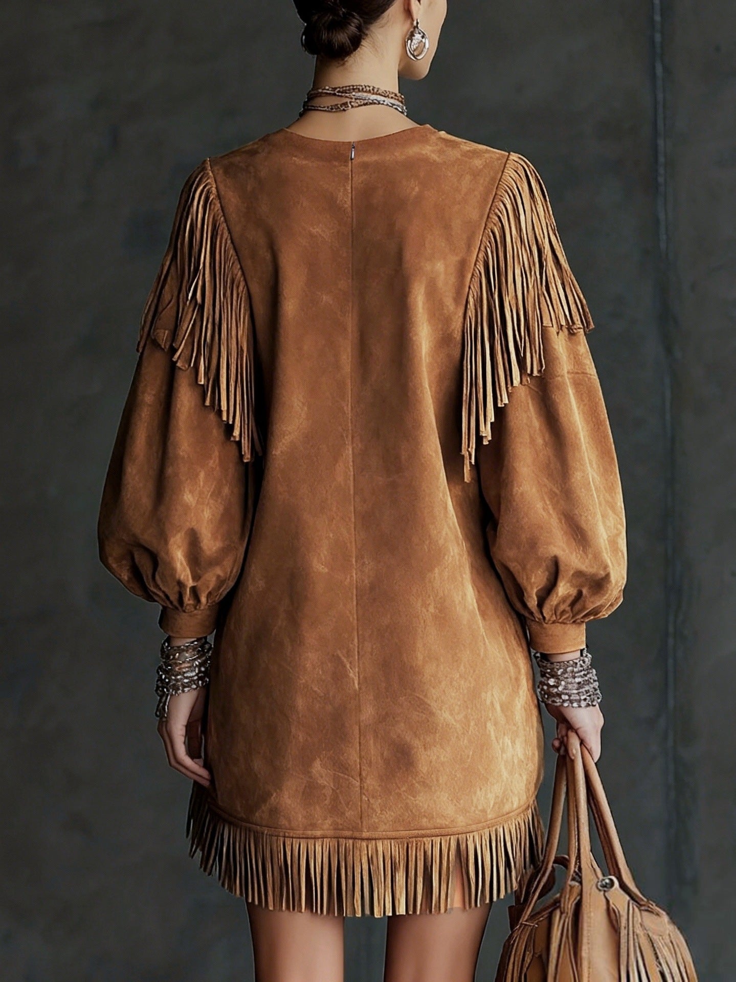 Vintage Western Style Suede Fringe Puff Sleeve Loose Mini Dress | Y2K Lazy Style A-Line Dress