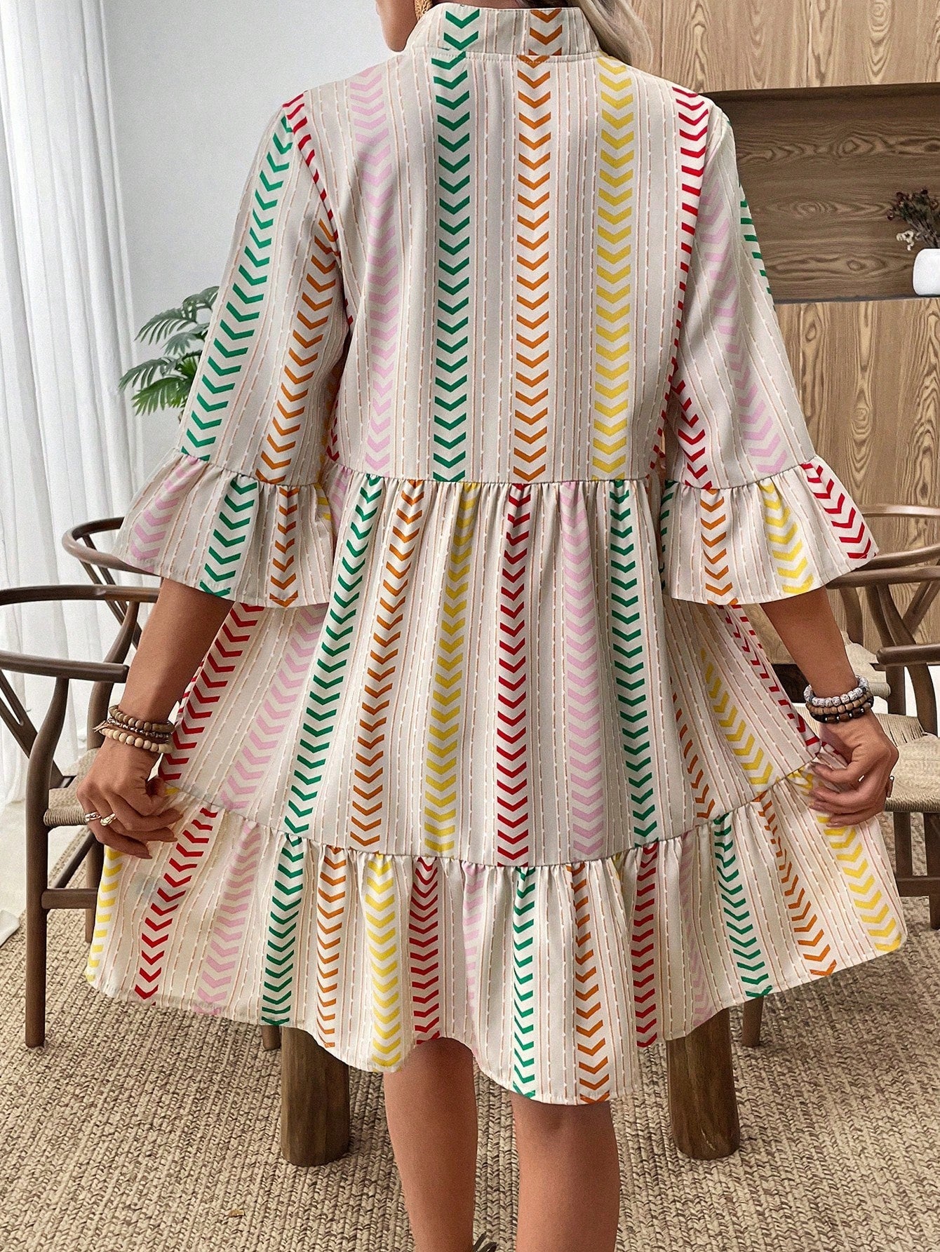 Boho Colorful Arrow Stripe V Neck Bell Sleeve Ruffle Hem Loose Dress