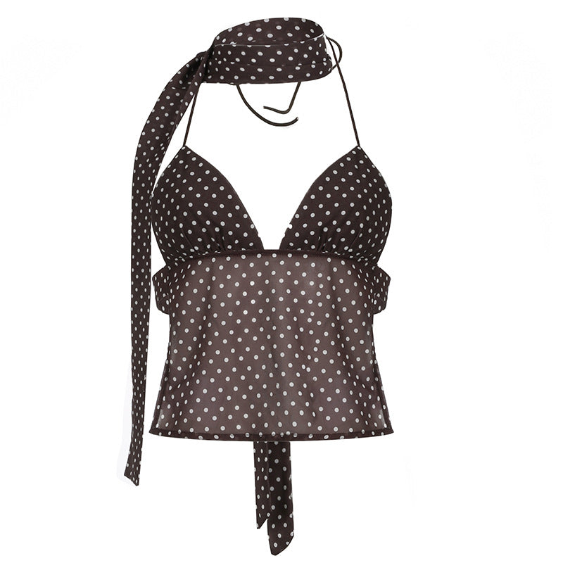 Leopard & Polka Dot Halter Tie Ruffled Top