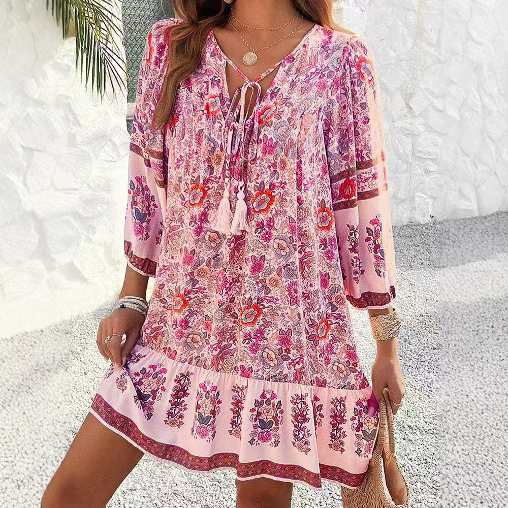 Boho Printed Tie-Neck Tassel Ruffle Mini Dress | Vacation Style Loose A-Line Dress