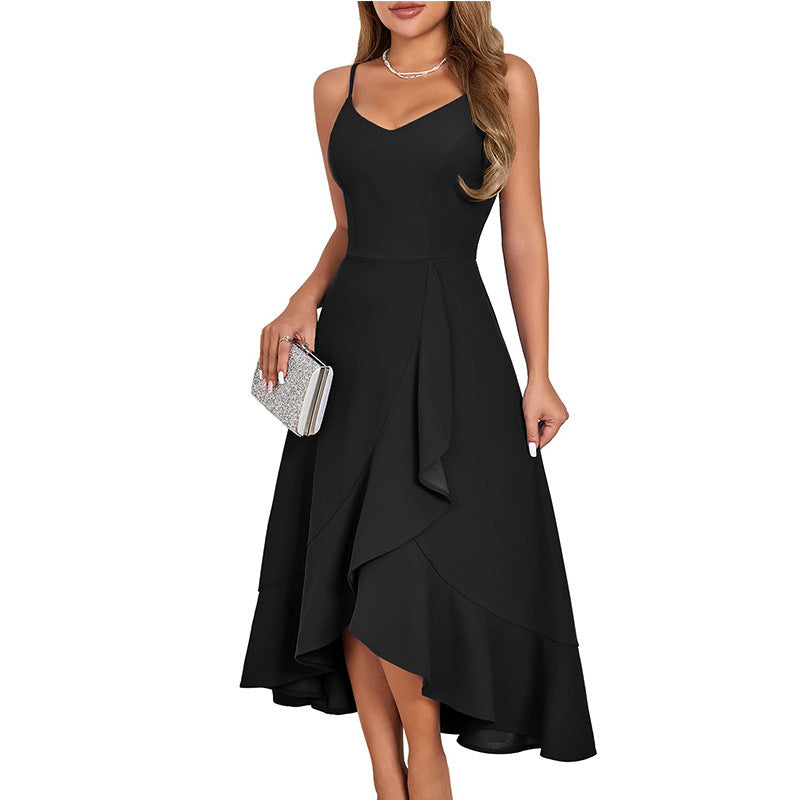 Bohemian Solid Color V-Neck Spaghetti Strap Asymmetrical Ruffle Midi Dress