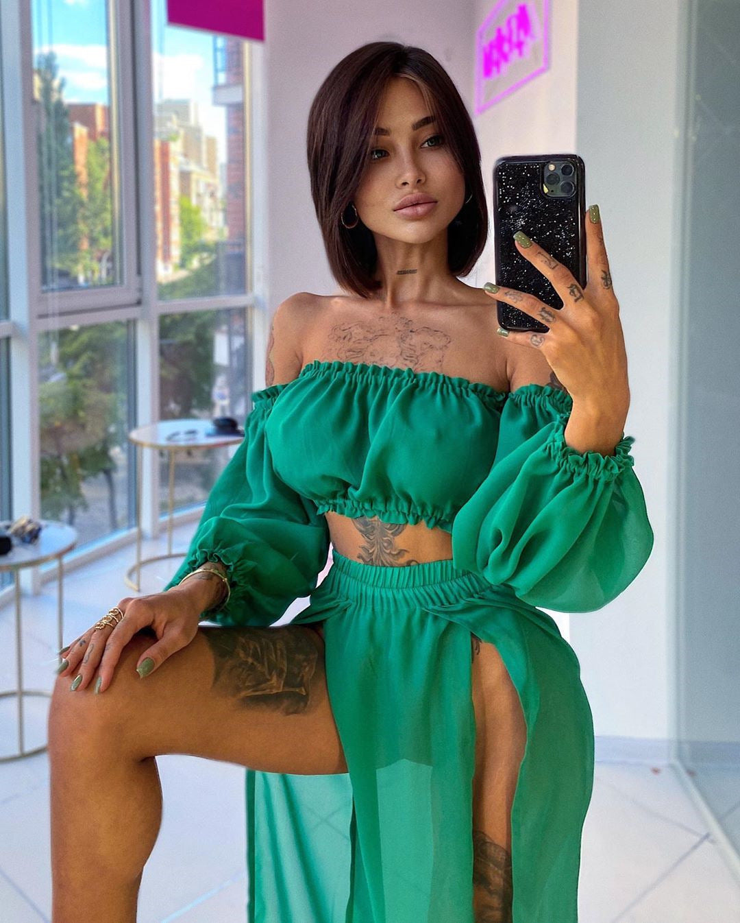 Boho Off-Shoulder Puff Sleeve Crop Top & High Slit Sheer Maxi Skirt Set