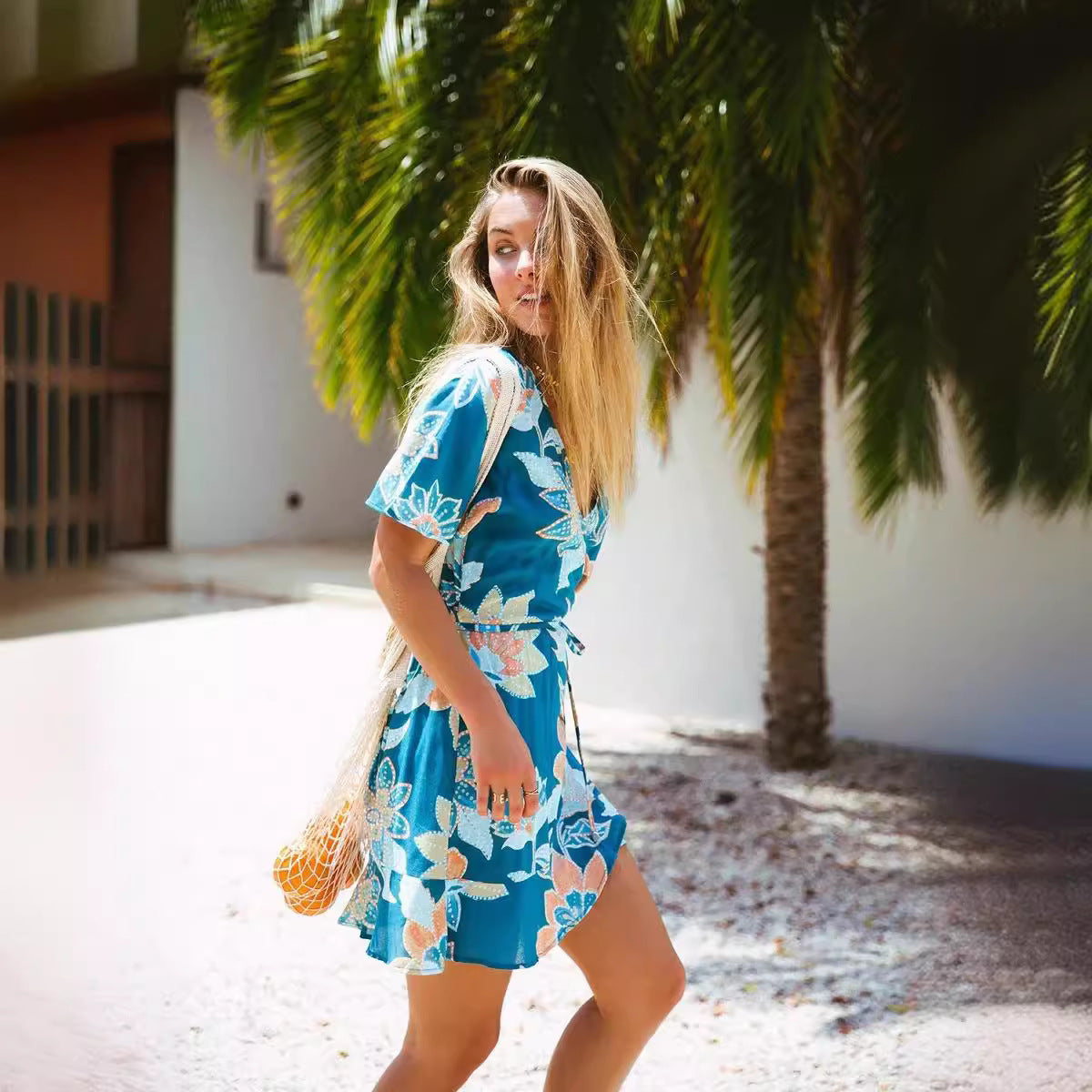 Boho Floral V-Neck Tie Waist Short Sleeve Dress