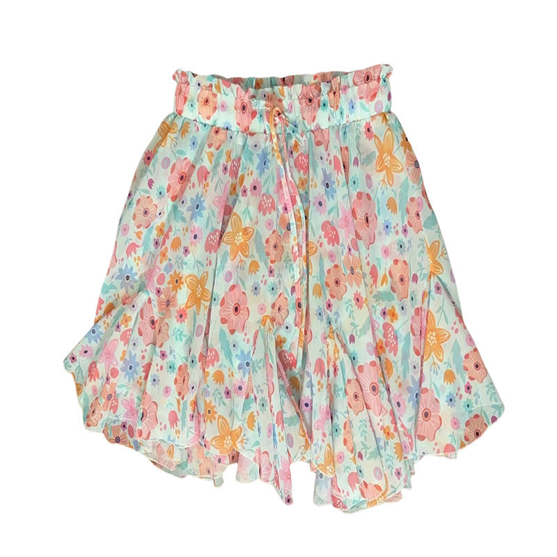 Bohemian Floral/Leopard Print Elastic Waist Drawstring Chiffon Skirt