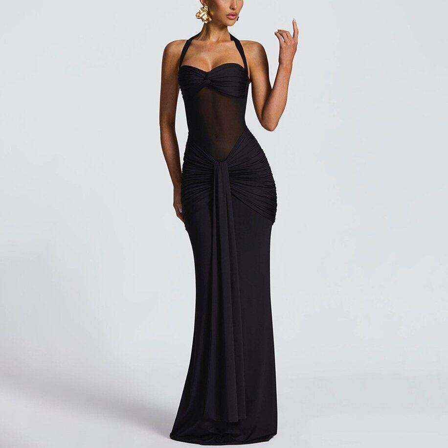 Halter Neck Mesh Panel Twist Waist Mermaid Maxi Dress | Luxury Sexy Evening Gown