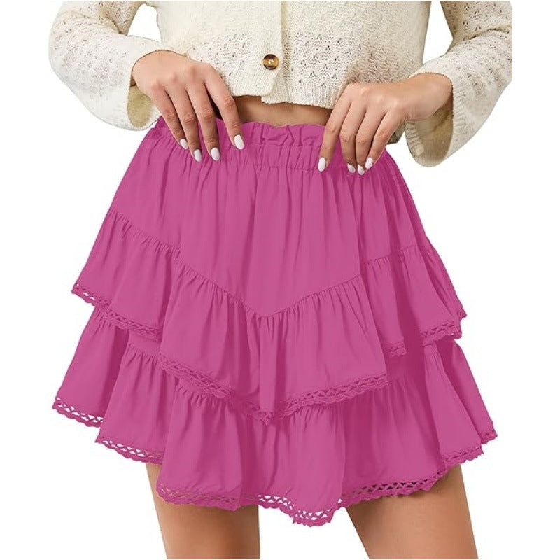 Multi-Color Lace Trim Double Ruffle Mini Skirt | High Waist Elastic A-Line Skirt