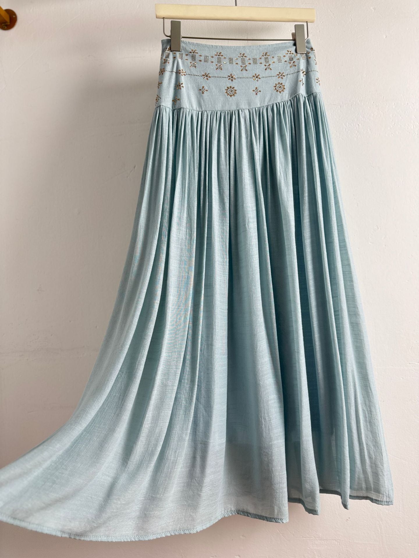 Boho High Waist Gold Embroidery Flare Maxi Skirt | Retro Vacation Drape A-Line Skirt