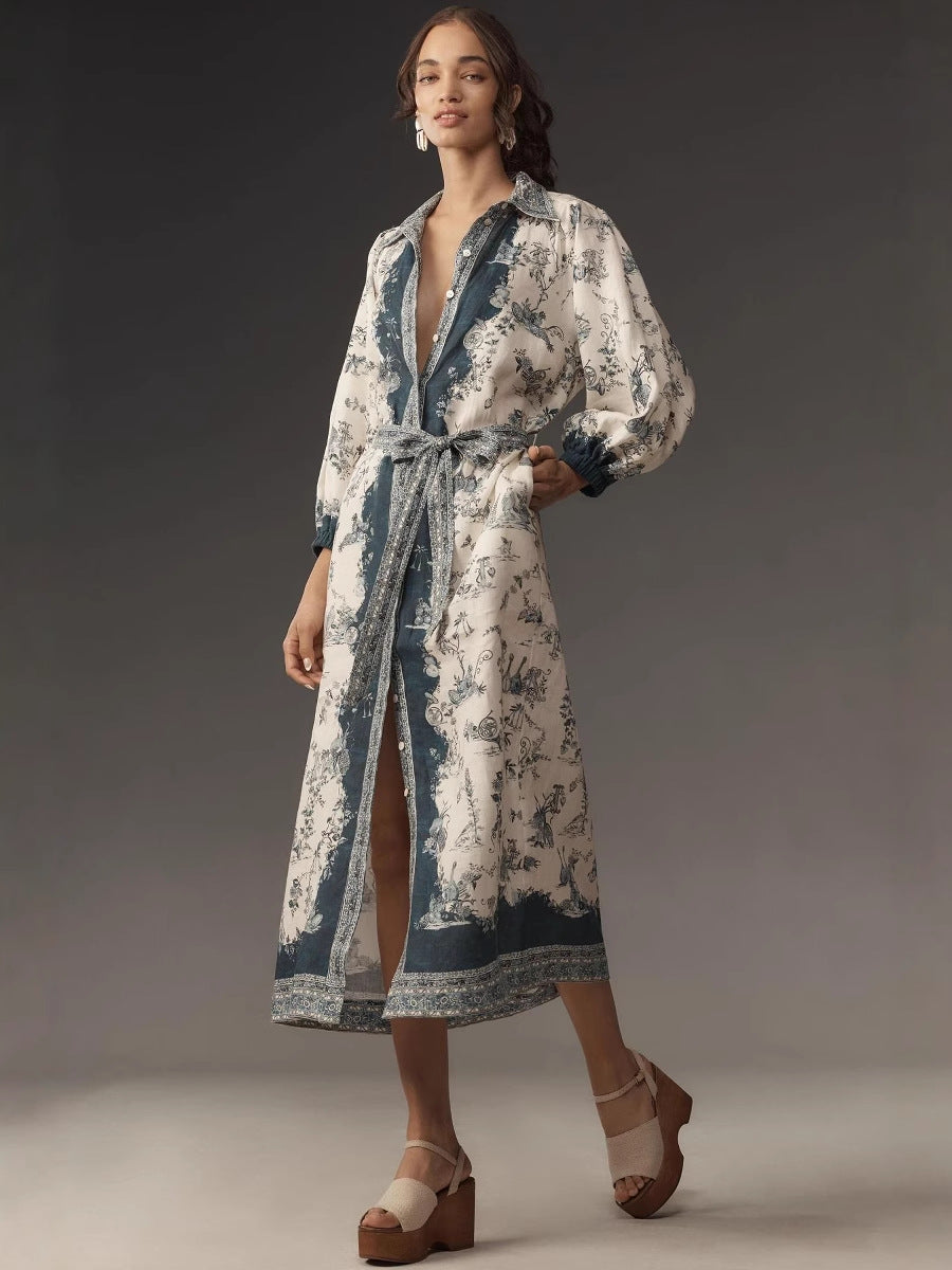 Vintage Ocean Print Belted Waist-Cinching Split Maxi Shirt Dress