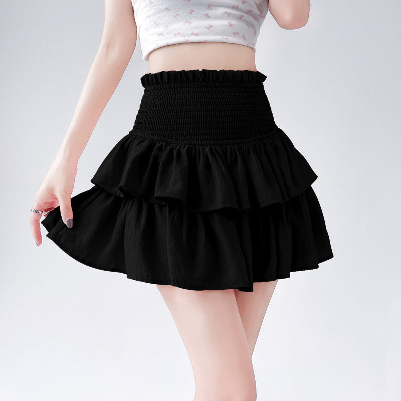 Bohemian Solid Color Smocked High Waist Tiered Ruffle Mini Skirt