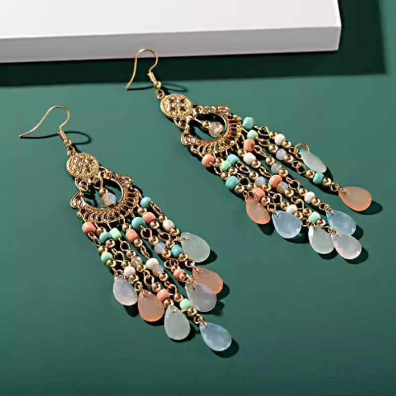 Boho Color Stone Tassel Dreamcatcher Earrings | Ethnic Style Niche Design Jewelry