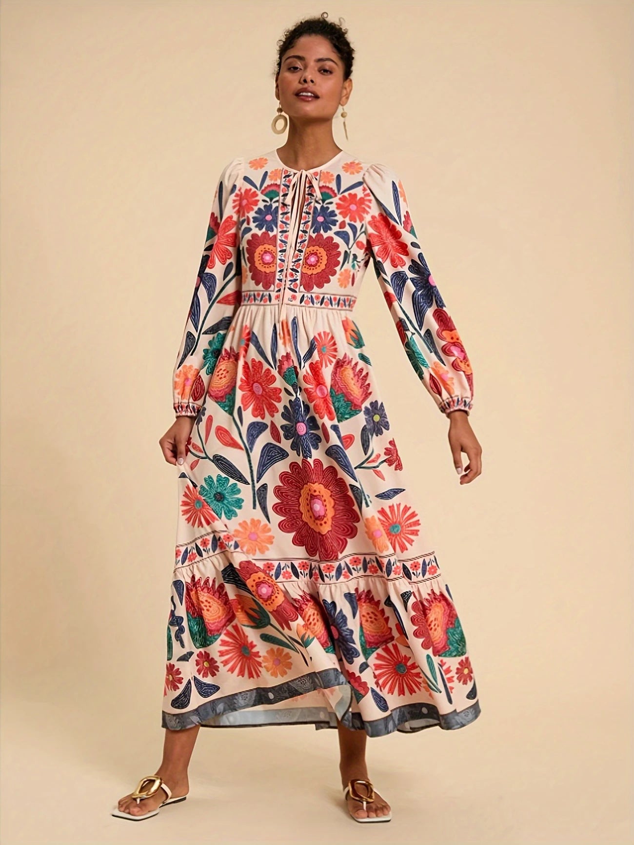 Boho Vintage Floral Print Tie-Neck Long Sleeve Maxi Dress