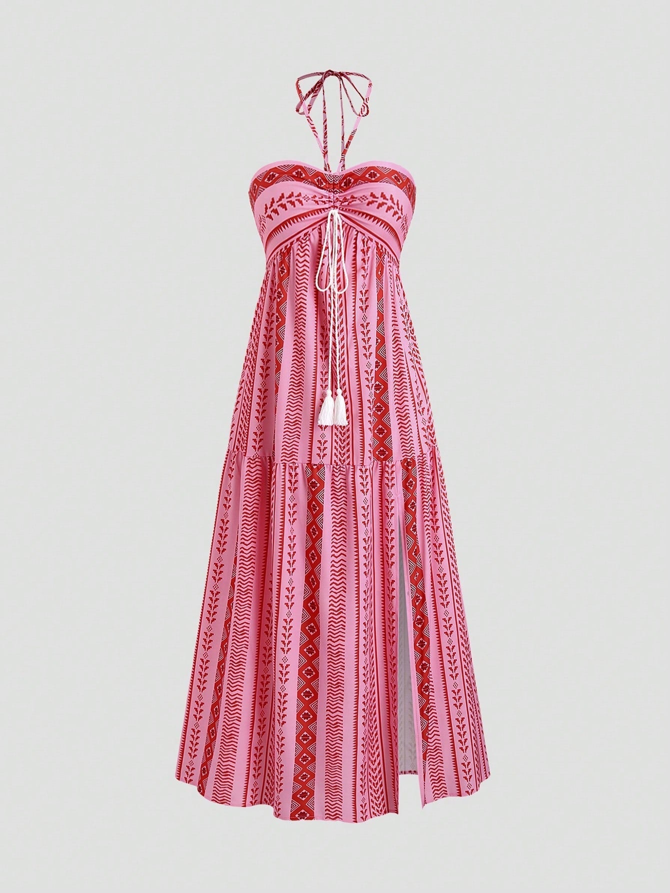 Boho Halter Printed High Slit Tiered Maxi Dress | Ethnic Style Vacation Beach Dress