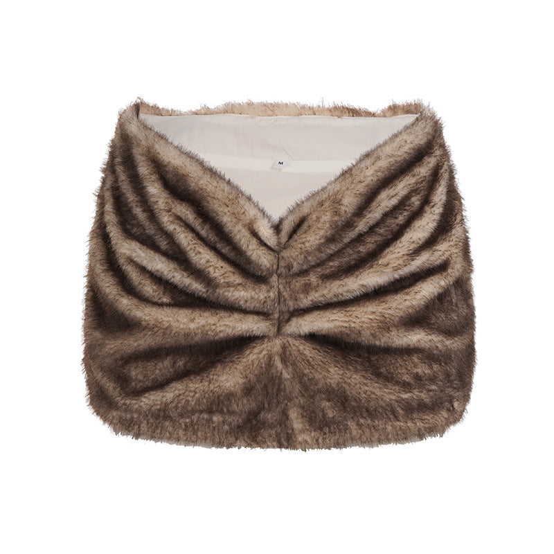 Boho Faux Fur Ruched V-Waist Mini Skirt