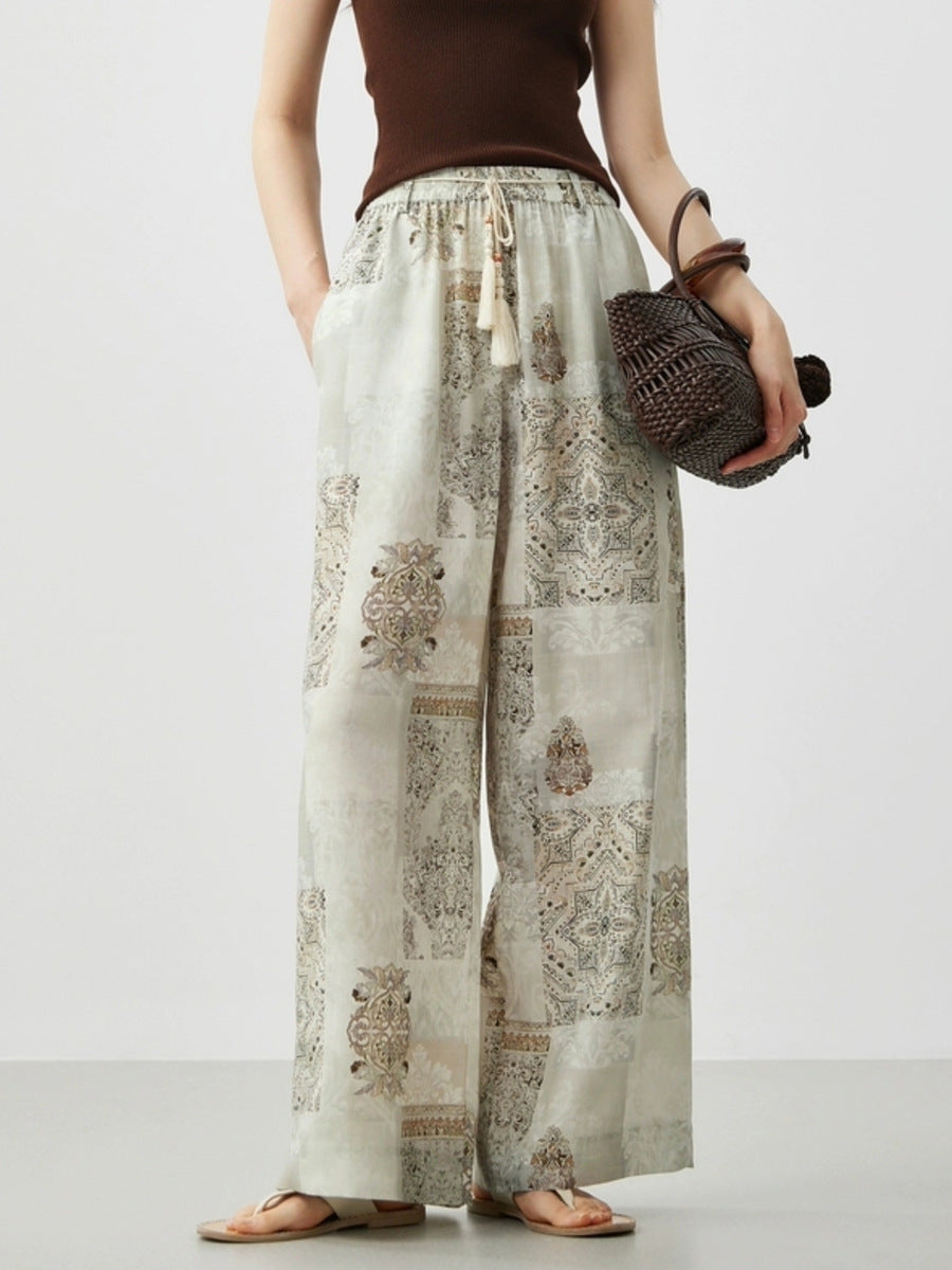Boho Vintage Printed Drawstring Tassel Wide Leg Pants | Relaxed Fit Drape Casual Trousers