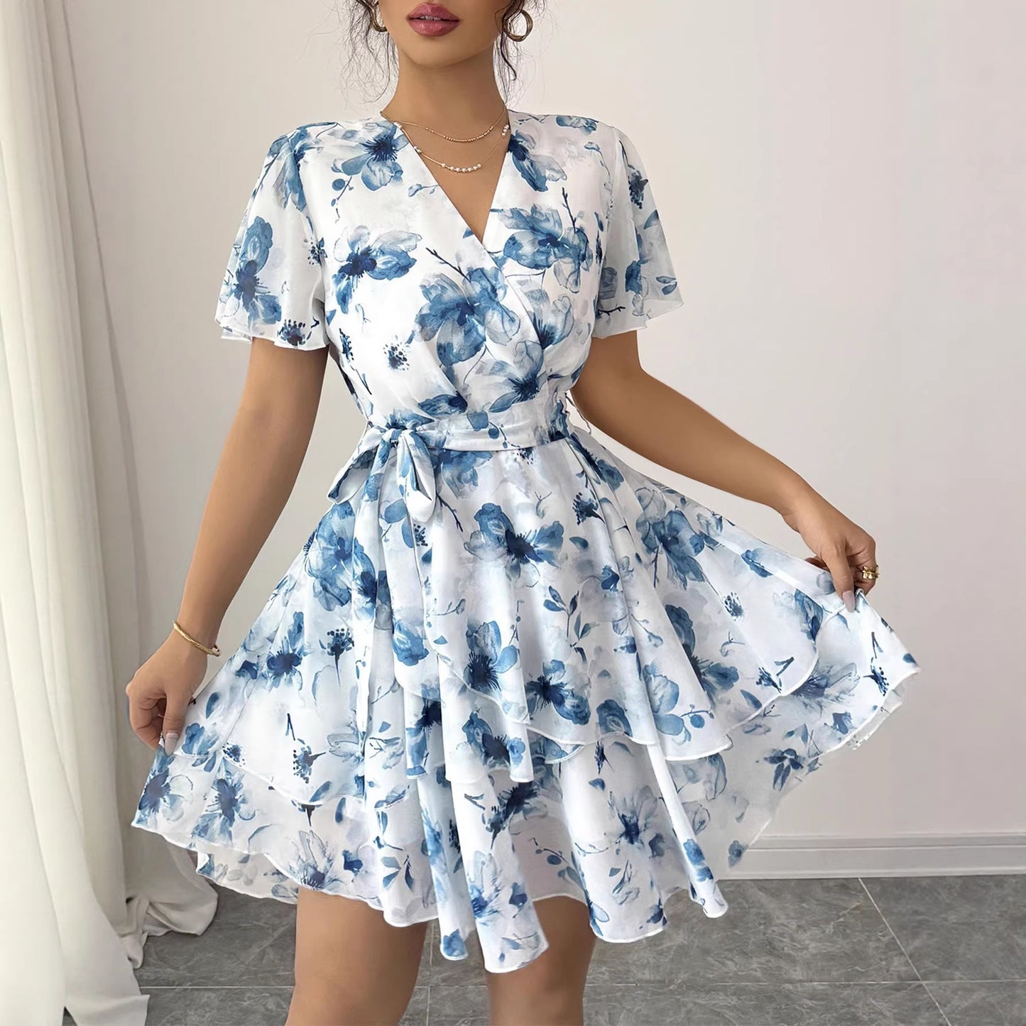 French Ink Flower V-Neck Tie Waist Double Ruffle Mini Dress | Elegant Waist-Cinching Slimming Tea Dress