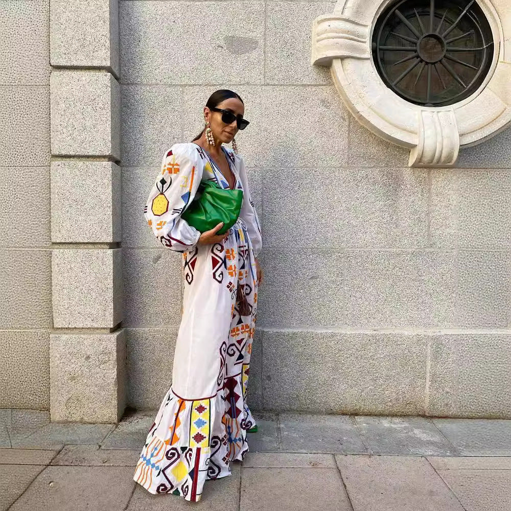 Boho Geometric Embroidered V-Neck Tie Waist Lantern Sleeve Maxi Dress