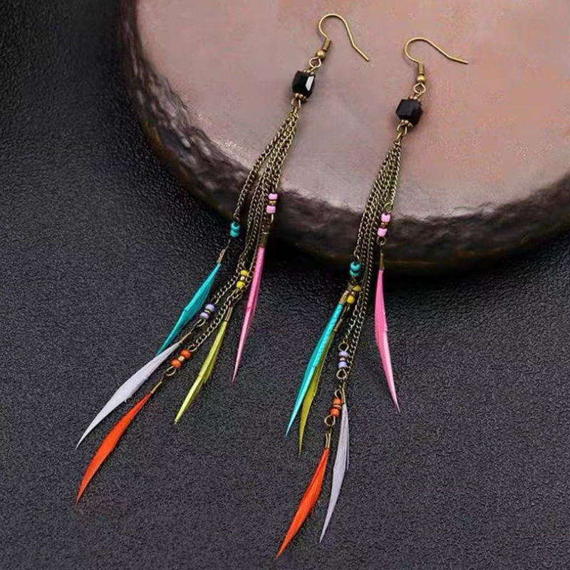 Boho Blue Feather Tassel Earrings | Ethnic Style Niche Design Jewelry