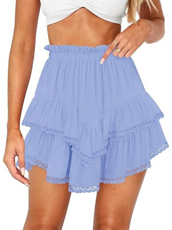 Multi-Color Lace Trim Double Ruffle Mini Skirt | High Waist Elastic A-Line Skirt