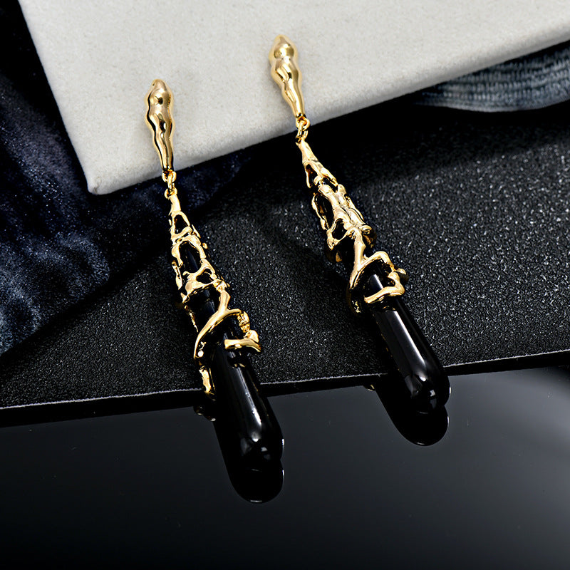 Black Gold Wrapped Teardrop Long Earrings | Vintage Luxury Niche Design Earrings