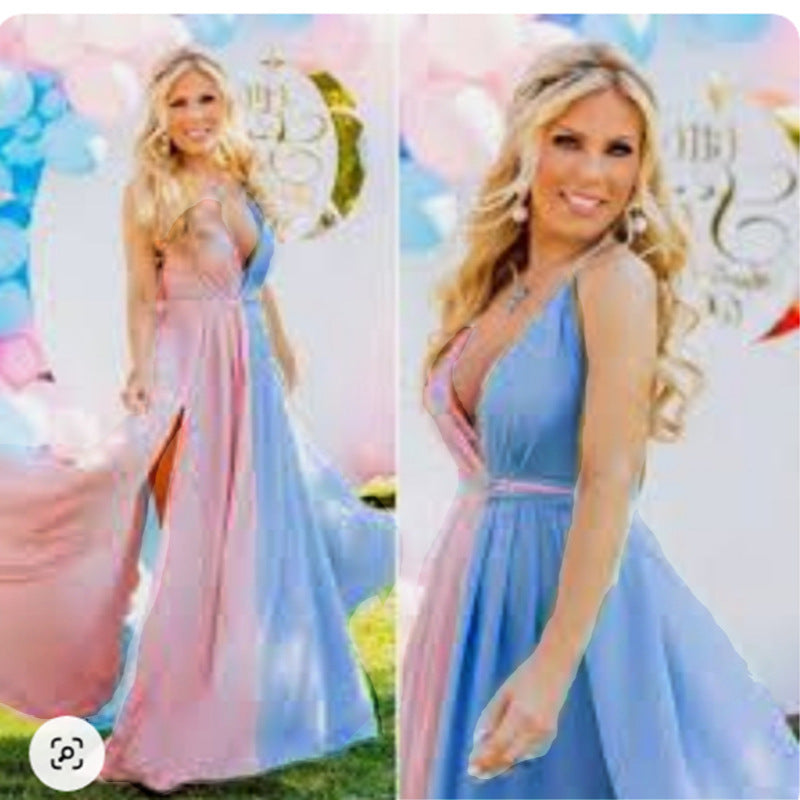 Boho Pink Blue Color Block V Neck Split Maternity Baby Shower Dress