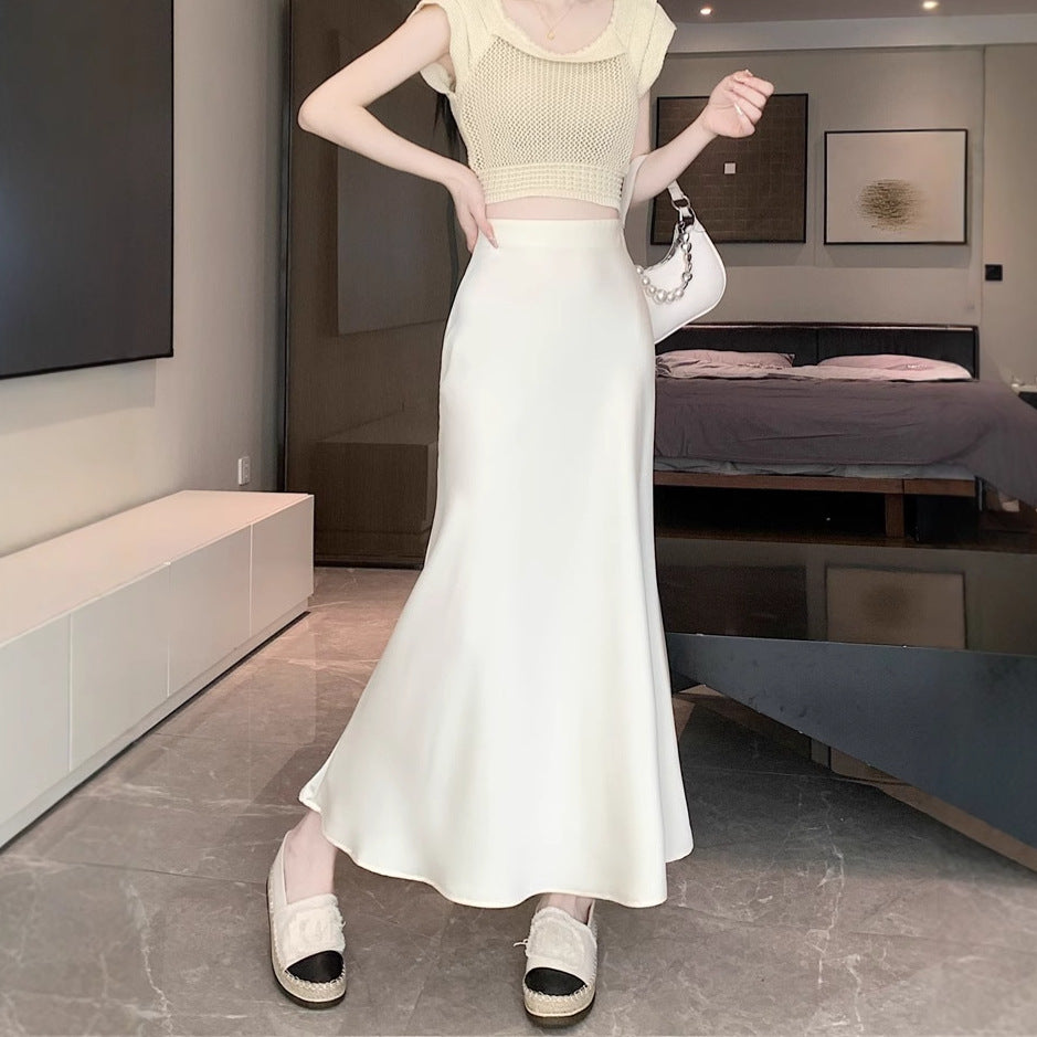 French Satin High Waist Slim Fit Mermaid Maxi Skirt | Elegant Commuter Drape A-Line Flare Skirt