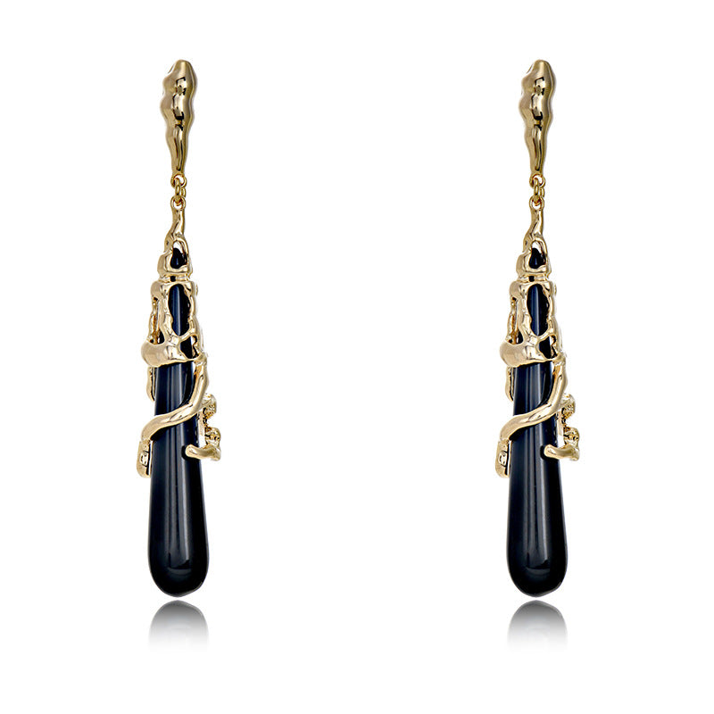 Black Gold Wrapped Teardrop Long Earrings | Vintage Luxury Niche Design Earrings