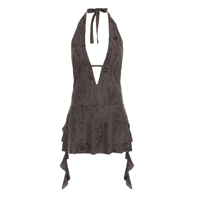 Bohemian Distressed Halter Deep-V Asymmetrical Dress Collection