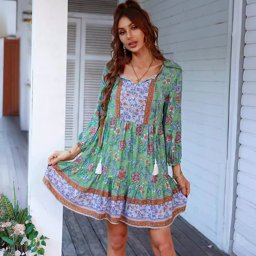 Boho V Neck Tassel Tie Printed Loose Babydoll Dress