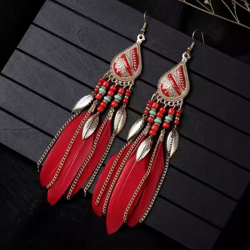 Boho Blue Feather Tassel Earrings | Ethnic Style Niche Design Jewelry