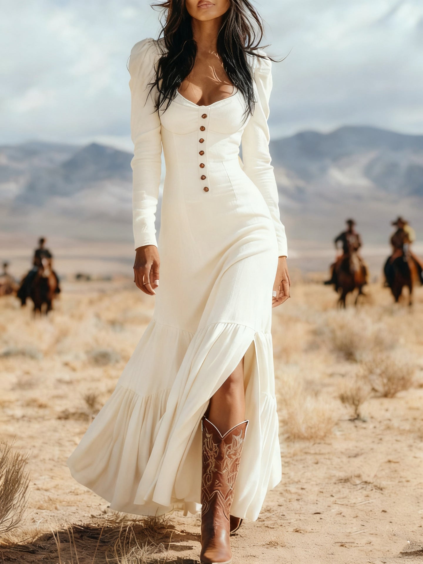 American Western Style Square Neck Button Slit Long Sleeve Flare Maxi Dress | Retro Vacation Slimming Long Dress