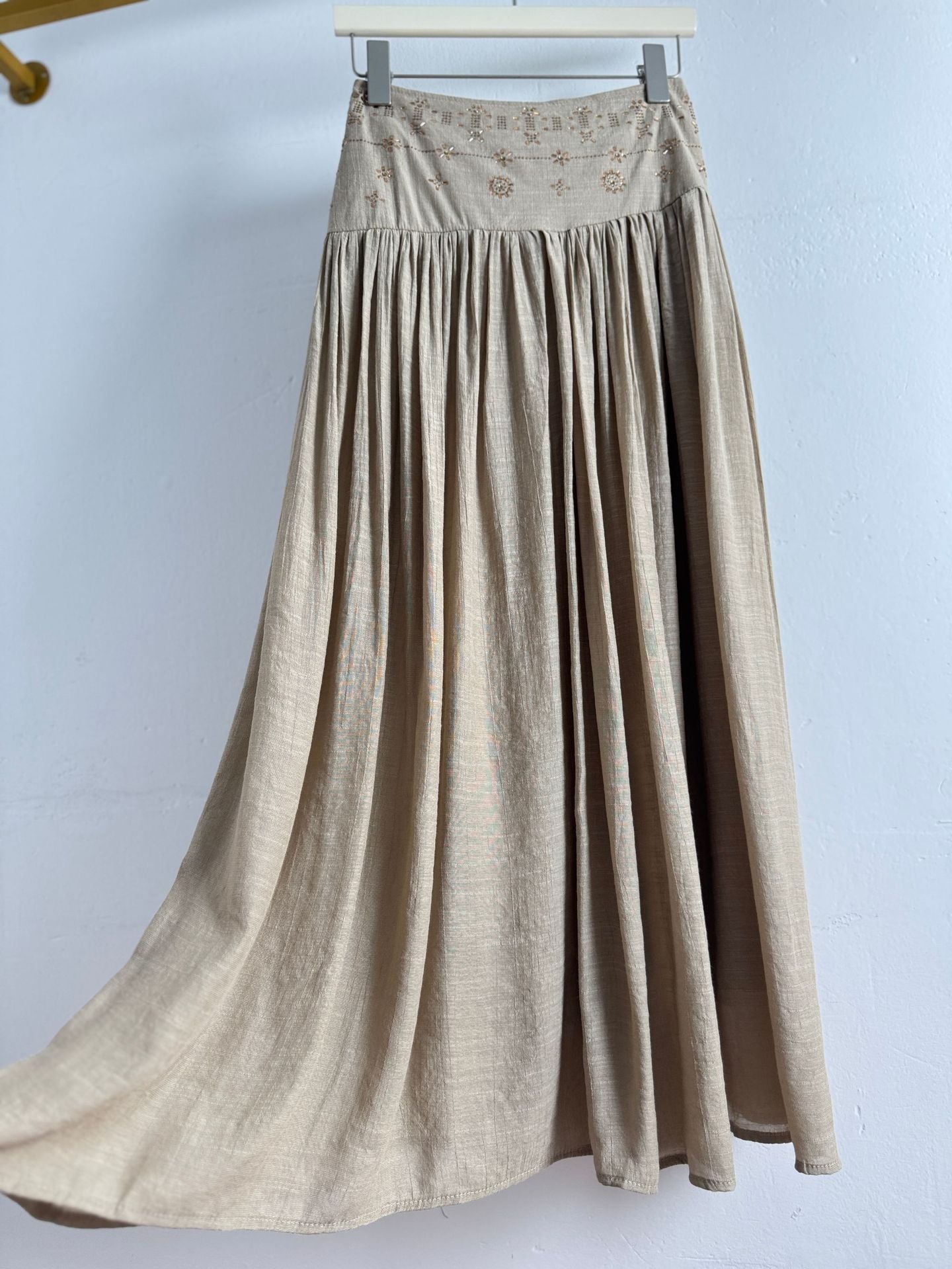 Boho High Waist Gold Embroidery Flare Maxi Skirt | Retro Vacation Drape A-Line Skirt